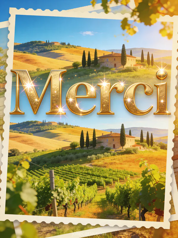 Paysage de Toscane en été avec collines ondulantes cyprès vignes vertes et maison en pierre avec le texte Merci en lettres dorées majestueuses