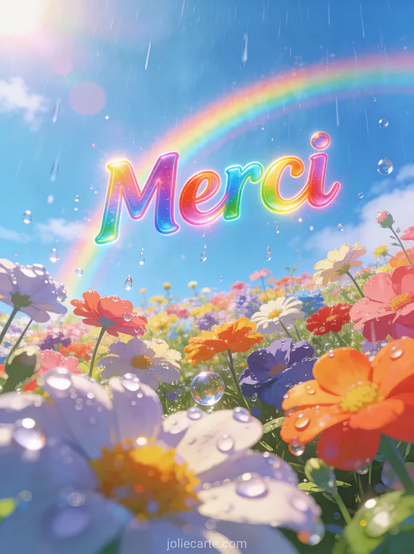 Arc-en-ciel traversant un ciel bleu d'été avec champ de fleurs multicolores et gouttes d'eau scintillantes avec le texte Merci en lettres colorées