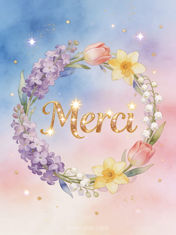 Couronne de fleurs printanières avec lilas tulipes et muguet autour du texte Merci en lettres dorées scintillantes sur fond aquarelle