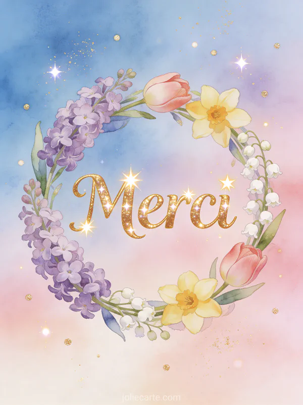 Couronne de fleurs printanières avec lilas tulipes et muguet autour du texte Merci en lettres dorées scintillantes sur fond aquarelle