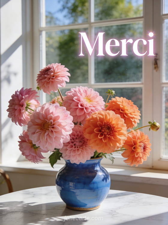 Dahlias roses et orangés dans un vase en céramique bleu sur table en marbre blanc lumière naturelle d'été avec le texte Merci en lettres blanches élégantes