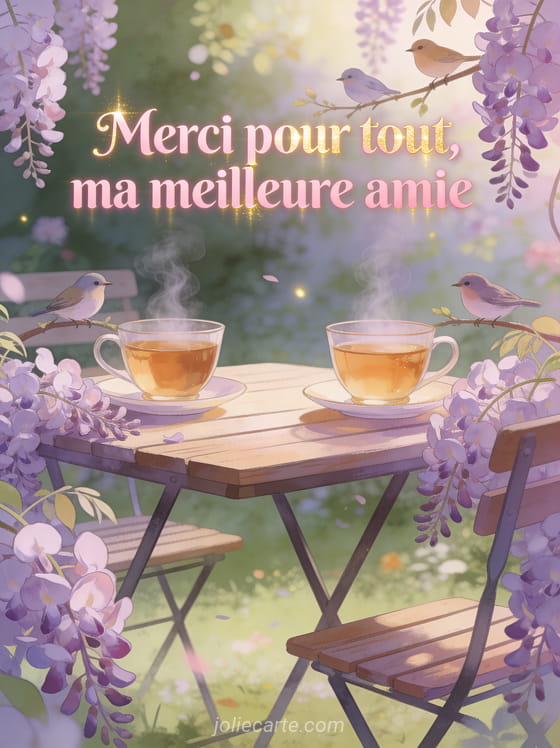 Deux tasses de thé fumantes sur une table de jardin entourée de glycines mauves avec le texte Merci pour tout ma meilleure amie