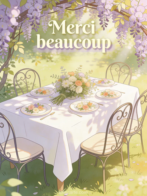 Table dressée dans un jardin avec une nappe blanche et un bouquet champêtre sous une tonnelle de glycine avec le texte Merci beaucoup
