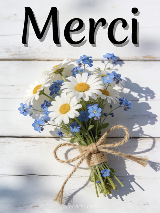 Petit bouquet champêtre de marguerites et bleuets noué avec un ruban de jute sur fond de bois blanc patiné avec le texte Merci en lettres manuscrites