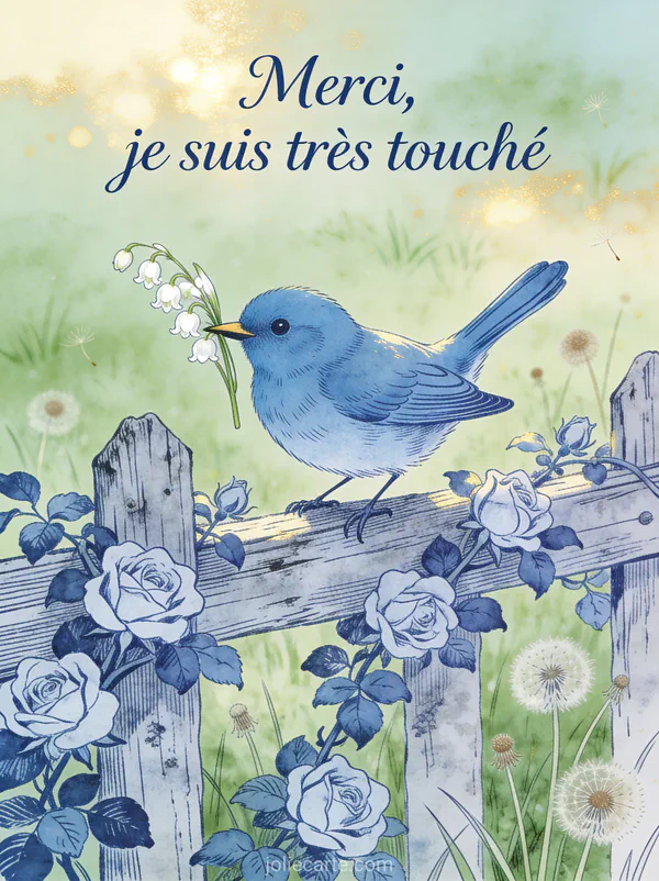 Petit oiseau bleu tenant un brin de muguet posé sur une clôture en bois avec un rosier grimpant et le texte Merci je suis très touché