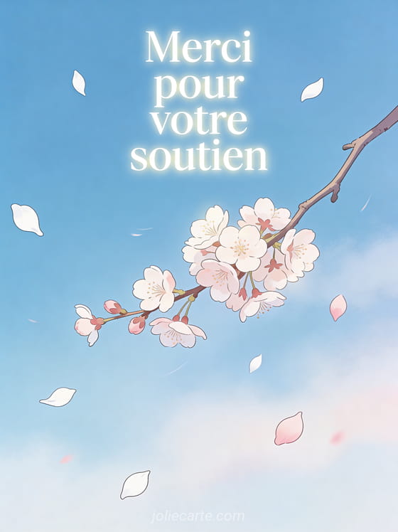 Branche de cerisier en fleurs avec pétales roses s'envolant dans un ciel bleu doux de printemps et le texte Merci pour votre soutien