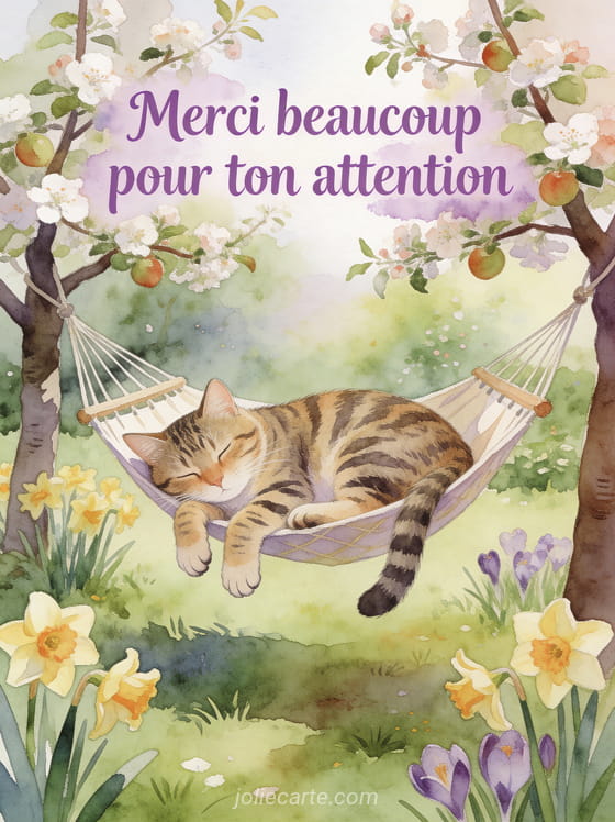 Chat tigré endormi dans un hamac de jardin entre deux arbres fruitiers en fleurs avec le texte Merci beaucoup pour ton attention