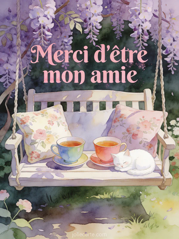 Deux tasses de thé sur une balancelle de jardin fleurie avec un chat blanc endormi et des glycines mauves et le texte Merci d'être mon amie