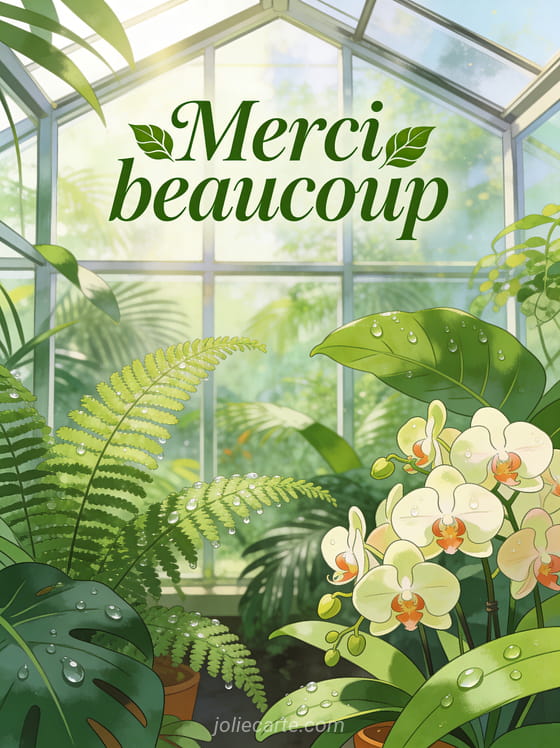 Serre en verre remplie de plantes tropicales luxuriantes fougères et orchidées avec lumière naturelle filtrante et le texte Merci beaucoup en lettres vertes
