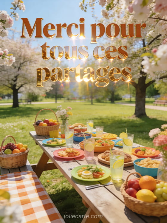 Grande table de pique-nique dans un parc printanier avec des plats colorés et des arbres en fleurs avec le texte Merci pour tous ces partages