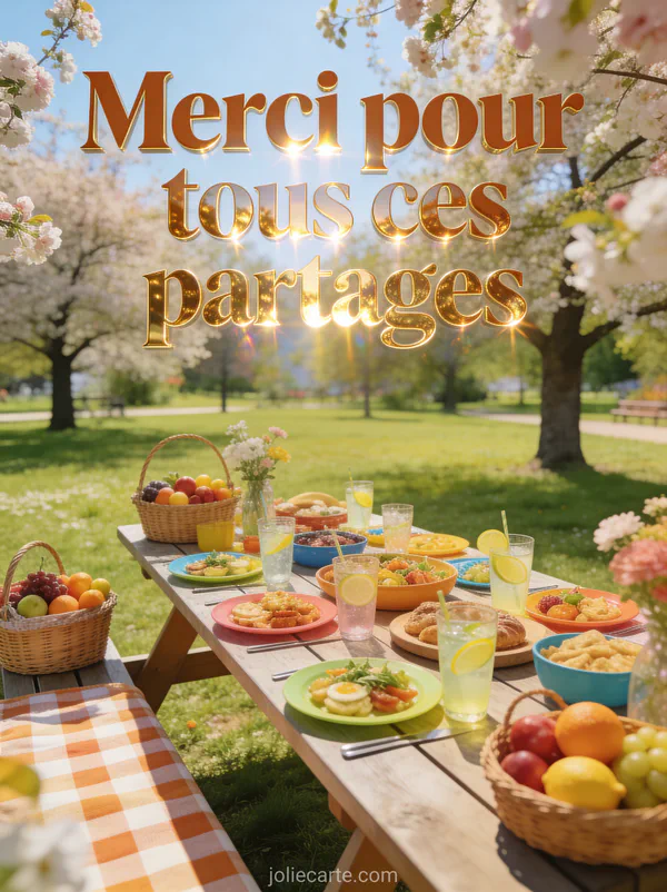 Grande table de pique-nique dans un parc printanier avec des plats colorés et des arbres en fleurs avec le texte Merci pour tous ces partages