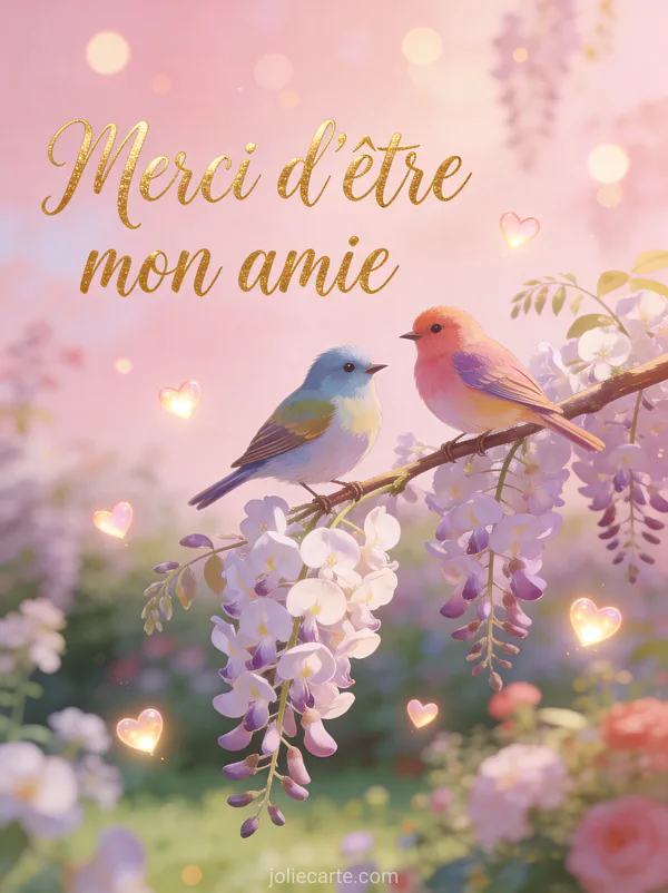 Deux petits oiseaux colorés sur une branche de glycine en fleurs avec des coeurs lumineux et le texte Merci d'être mon amie