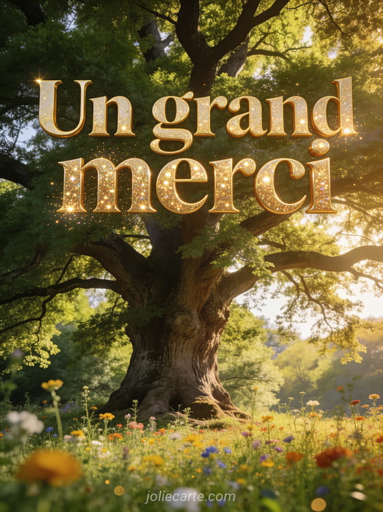 Grand arbre centenaire majestueux en été avec feuillage vert luxuriant lumière dorée filtrant à travers les branches et le texte Un grand merci en lettres dorées