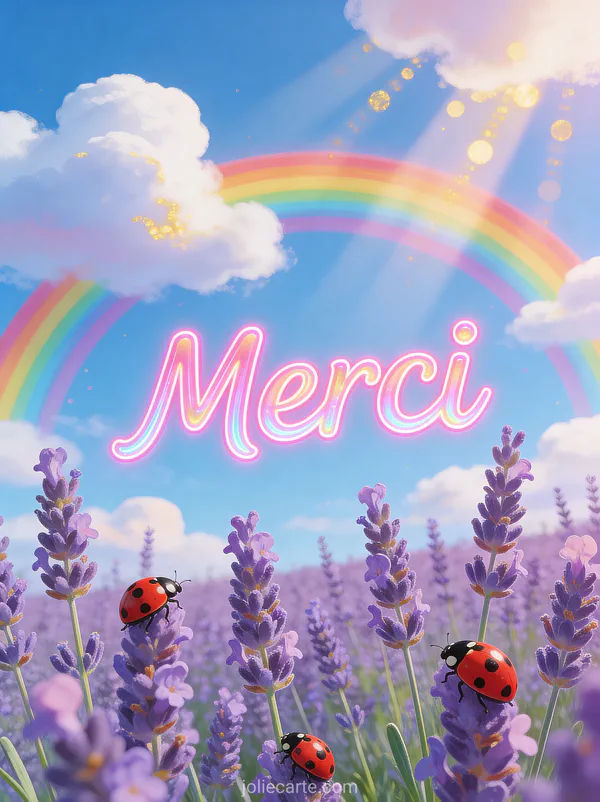 Arc-en-ciel au-dessus d'un champ de lavande avec des coccinelles et le texte Merci en lettres roses lumineuses