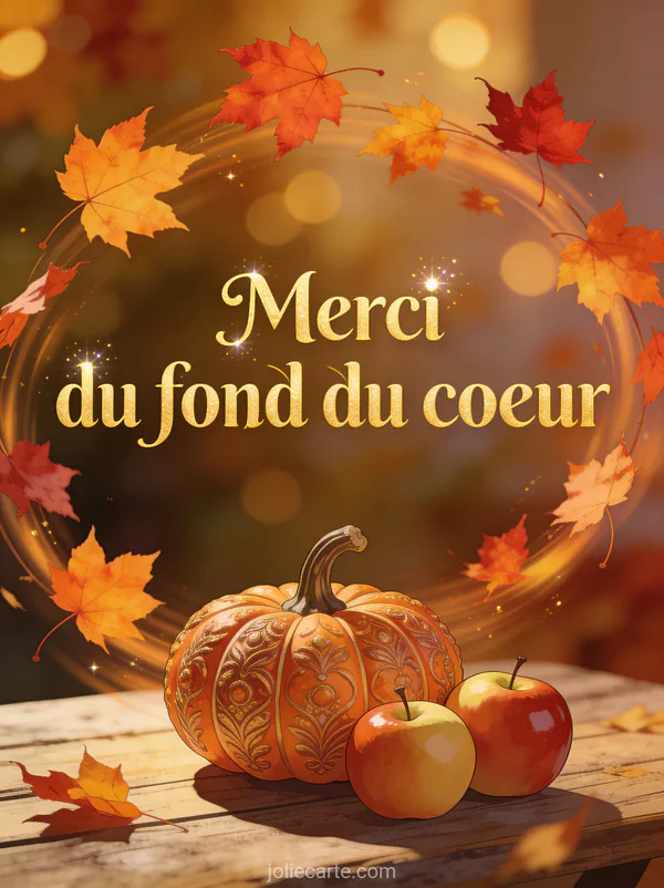 Feuilles d'érable orangées et rouges virevoltant autour d'une citrouille et pommes sur table en bois rustique avec le texte Merci du fond du coeur en lettres dorées