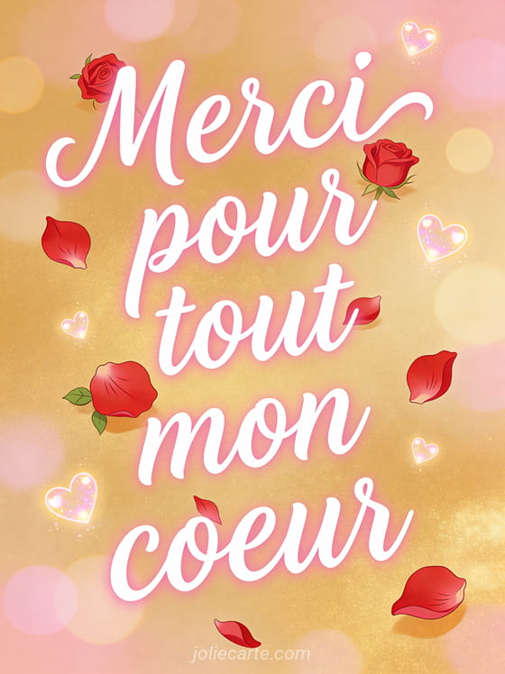 Pétales de roses rouges dispersés sur un fond de lumière dorée avec des coeurs lumineux flottants et le texte Merci pour tout mon coeur