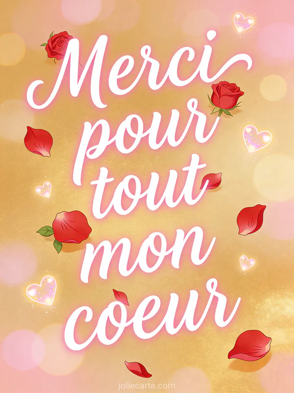 Pétales de roses rouges dispersés sur un fond de lumière dorée avec des coeurs lumineux flottants et le texte Merci pour tout mon coeur