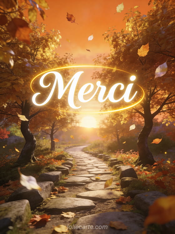 Chemin bordé d'arbres aux feuilles dorées et cuivrées en automne soleil couchant filtrant à travers les branches avec le texte Merci en lettres cursives blanches