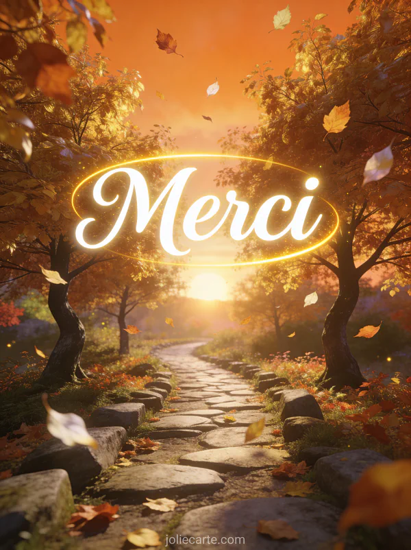 Chemin bordé d'arbres aux feuilles dorées et cuivrées en automne soleil couchant filtrant à travers les branches avec le texte Merci en lettres cursives blanches