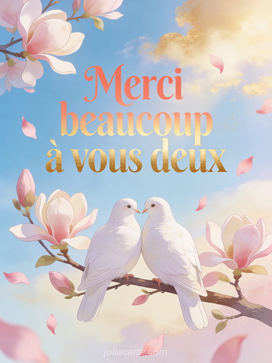 Deux colombes blanches posées sur une branche de magnolia en fleurs avec des pétales roses et le texte Merci beaucoup à vous deux