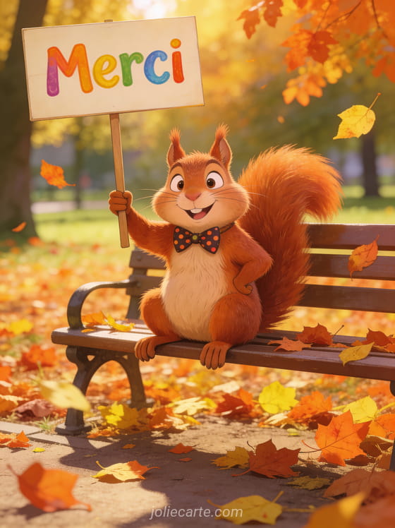 Ecureuil roux portant un noeud papillon à pois tenant un panneau Merci assis sur un banc couvert de feuilles d'automne style illustration humoristique
