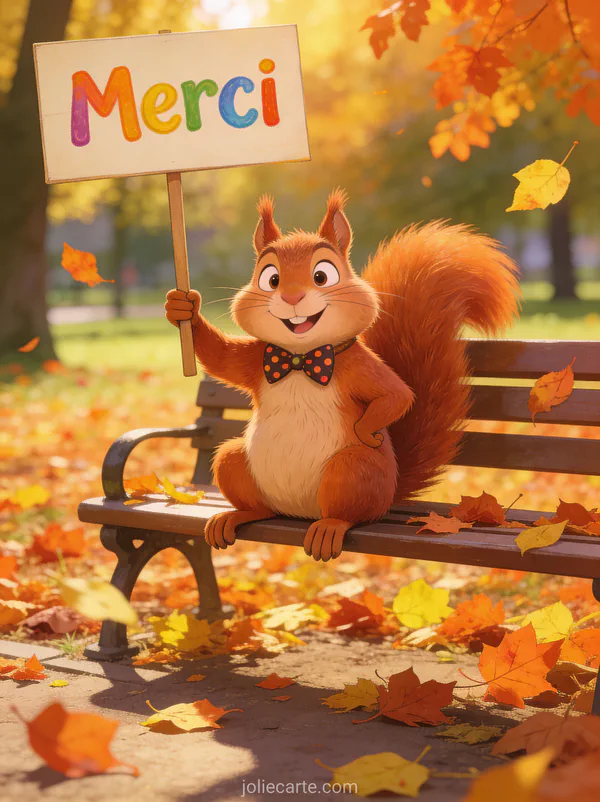 Ecureuil roux portant un noeud papillon à pois tenant un panneau Merci assis sur un banc couvert de feuilles d'automne style illustration humoristique