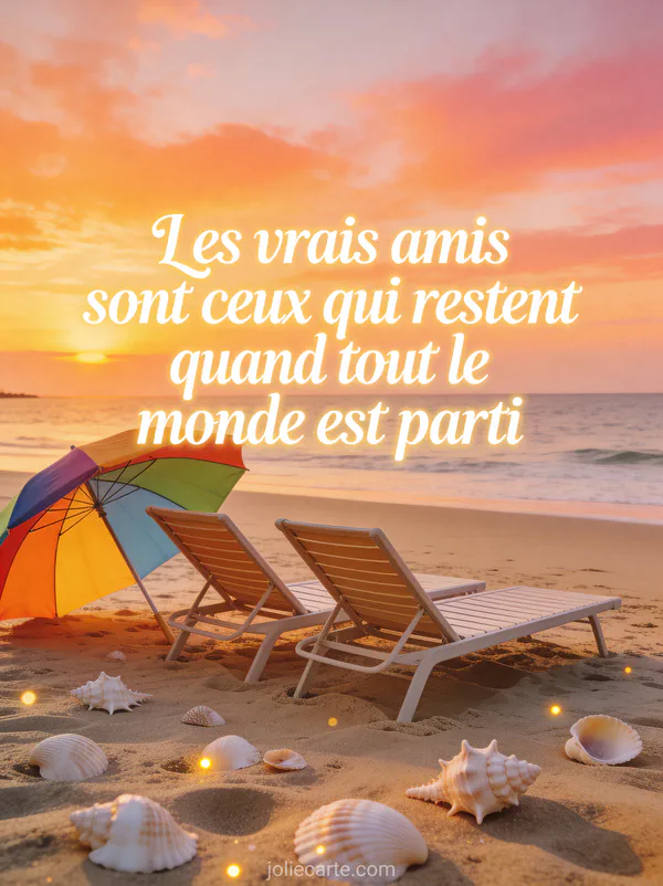 Deux chaises longues côte à côte sur une plage au coucher du soleil avec un parasol coloré et des coquillages dans le sable