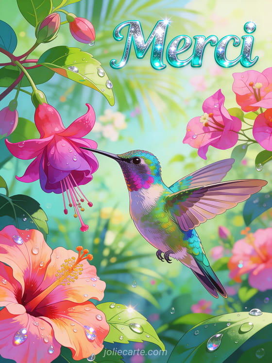 Colibri aux plumes iridescentes butinant une fleur de fuchsia dans un jardin tropical avec le texte Merci en lettres turquoise
