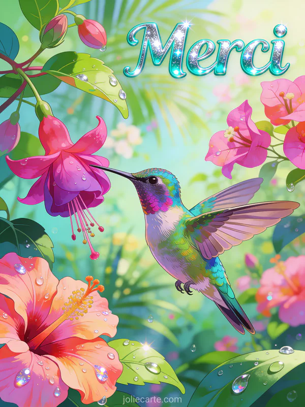 Colibri aux plumes iridescentes butinant une fleur de fuchsia dans un jardin tropical avec le texte Merci en lettres turquoise