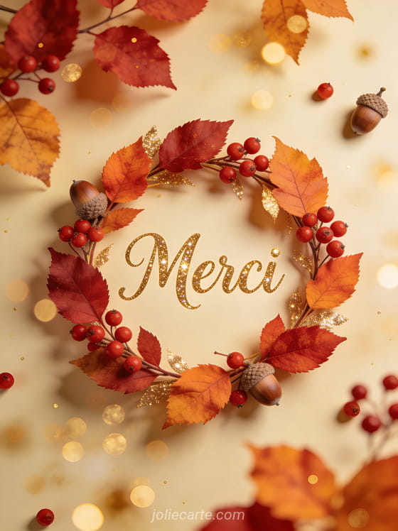Couronne de feuilles d'automne rouge orange et doré avec baies rouges et glands sur fond crème chaleureux avec le texte Merci en lettres calligraphiques dorées