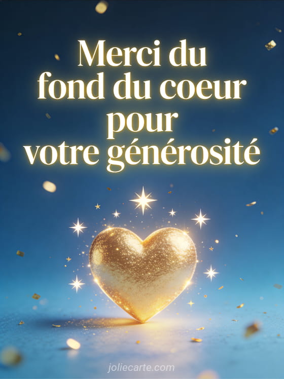 Coeur doré lumineux entouré de petites étoiles scintillantes sur un fond bleu nuit avec des paillettes dorées et le texte Merci pour votre générosité