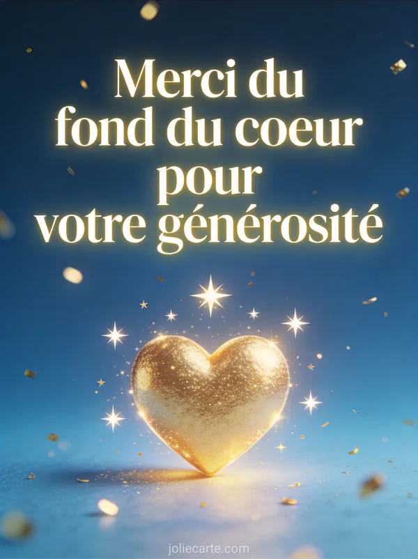 Coeur doré lumineux entouré de petites étoiles scintillantes sur un fond bleu nuit avec des paillettes dorées et le texte Merci pour votre générosité