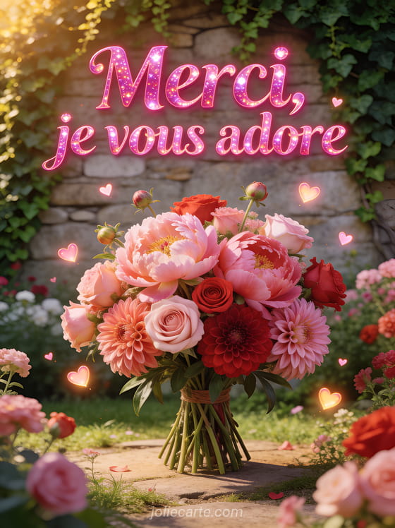 Bouquet exubérant de pivoines roses et dahlias avec des coeurs lumineux et le texte Merci je vous adore en lettres rose fuchsia