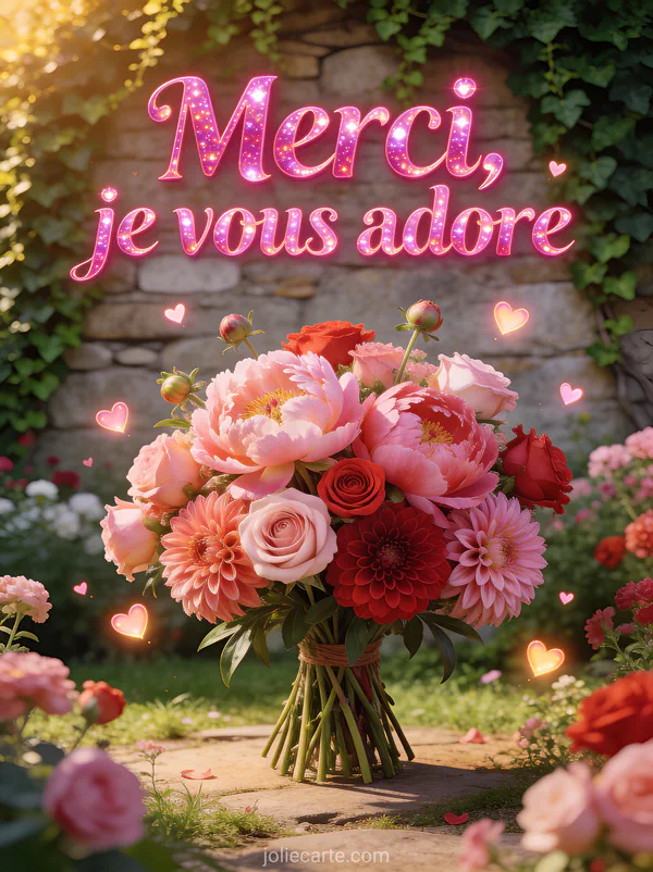 Bouquet exubérant de pivoines roses et dahlias avec des coeurs lumineux et le texte Merci je vous adore en lettres rose fuchsia