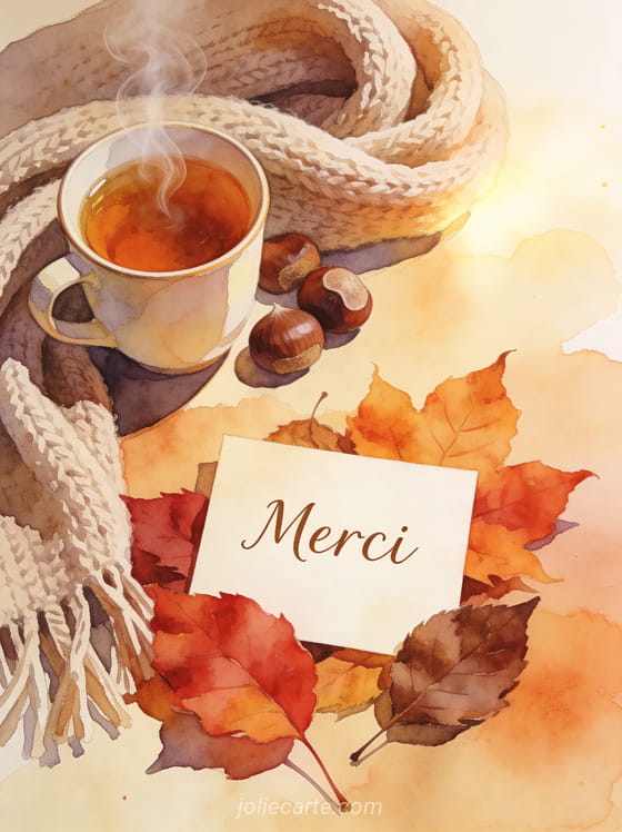 Petite carte manuscrite parmi des feuilles mortes colorées une tasse de thé fumante des châtaignes et une écharpe en laine lumière douce et dorée