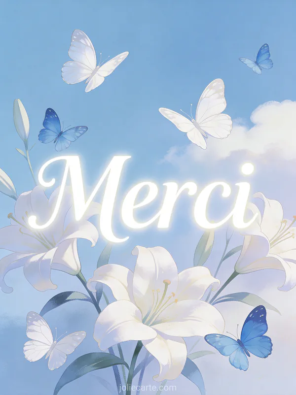 Papillons blancs et bleus volant autour de fleurs de lys blancs sur un fond de ciel bleu pâle avec le texte Merci