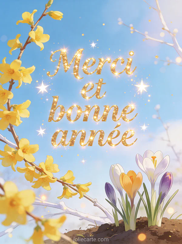 Branches de forsythia jaune avec des crocus et perce-neige et des étincelles dorées avec le texte Merci et bonne année