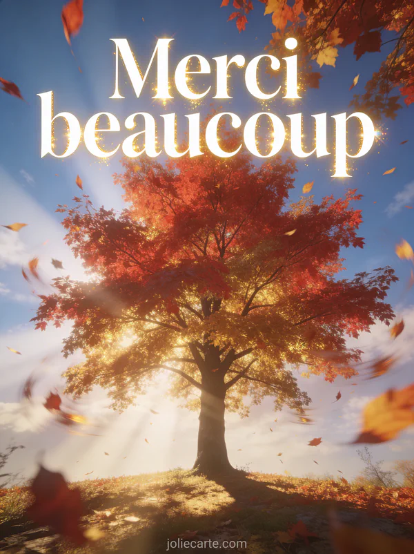 Arbre d'automne aux feuilles flamboyantes rouge et or avec feuilles tourbillonnant dans le vent ciel bleu et rayons de soleil avec le texte Merci beaucoup en lettres blanches