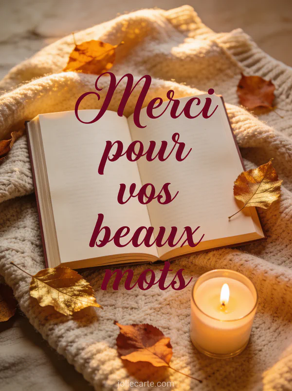 Livre ouvert sur un plaid en laine avec feuilles d'automne dorées une bougie allumée et le texte Merci pour vos beaux mots en lettres cursives bordeaux