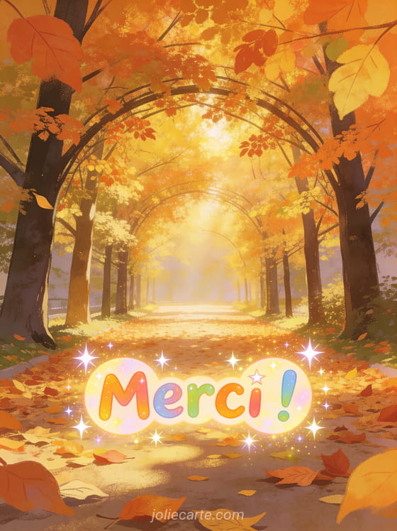 Allée d'automne sous une voûte d'arbres aux feuilles orangées et dorées tapis de feuilles au sol lumière dorée en contre-jour avec le texte Merci en lettres rondes colorées