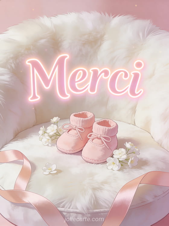 Petits chaussons de bébé roses sur un coussin blanc moelleux entourés de fleurs blanches et de rubans en satin avec le texte Merci