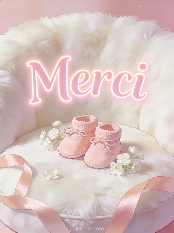 Petits chaussons de bébé roses sur un coussin blanc moelleux entourés de fleurs blanches et de rubans en satin avec le texte Merci