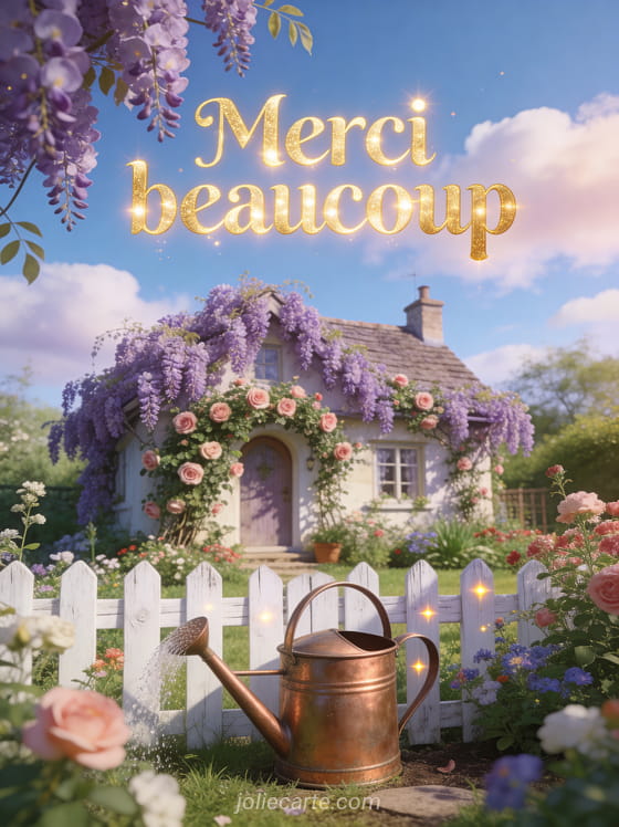 Cottage anglais couvert de glycine mauve et de rosiers grimpants avec un jardin fleuri et un arrosoir en cuivre sous un ciel bleu