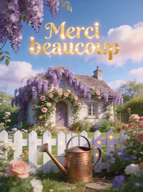 Cottage anglais couvert de glycine mauve et de rosiers grimpants avec un jardin fleuri et un arrosoir en cuivre sous un ciel bleu