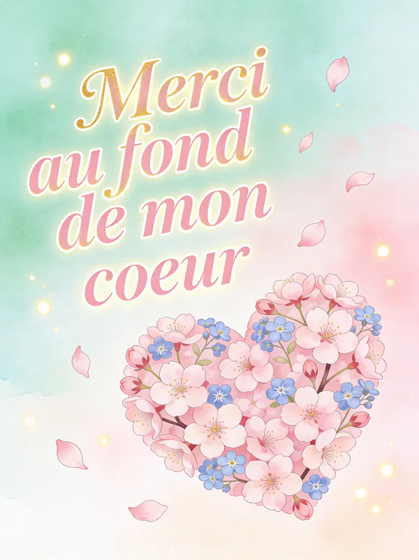Gros coeur fait de fleurs de cerisier et myosotis avec des pétales qui s'envolent sur fond aquarelle avec le texte Merci au fond de mon coeur