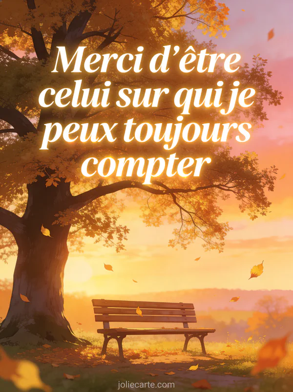 Banc en bois sous un grand chêne aux feuilles dorées dans un paysage d'automne avec coucher de soleil et feuilles tombantes