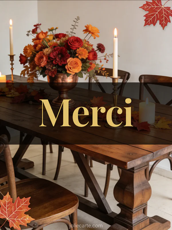 Table en bois avec fleurs automnales dans un vase en cuivre feuilles d'érable chandelles allumées ambiance distinguée avec le texte Merci en lettres dorées formelles
