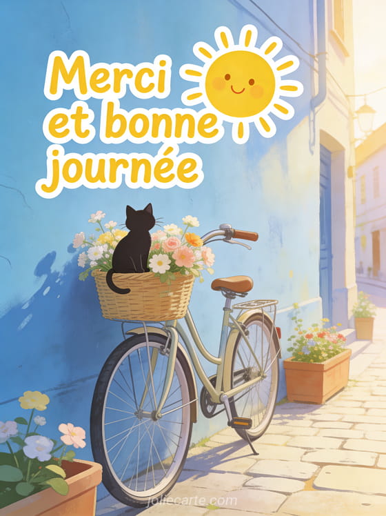 Vélo vintage avec un panier de fleurs de printemps et un chat noir contre un mur bleu pastel avec le texte Merci et bonne journée