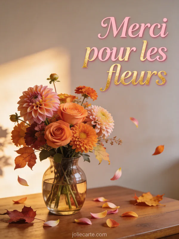 Bouquet de fleurs automnales dahlias roses orangées et chrysanthèmes dans un vase en verre sur une table en bois avec des feuilles d'automne