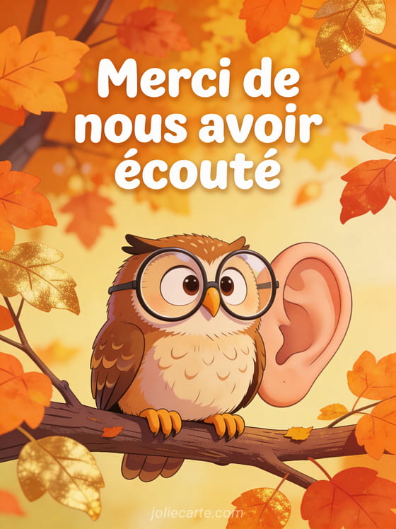 Hibou avec lunettes rondes surdimensionnées assis sur une branche d'automne avec une oreille géante en style cartoon et feuilles orangées et dorées